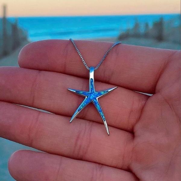 Silver necklace with starfish pendant made of blue opal