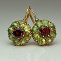 Vintage gold earrings with red and green crystals