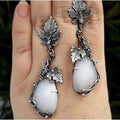Boho Leaf Earrings with White Opal in Sterling Silver