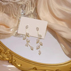Zirconia Leaf Pendant Earrings in Gold and Silver