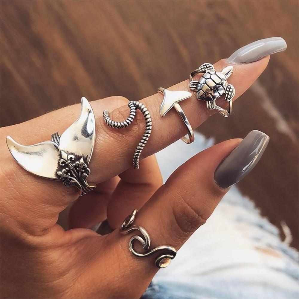 Pack of 5 Sea Rings in Antique Silver