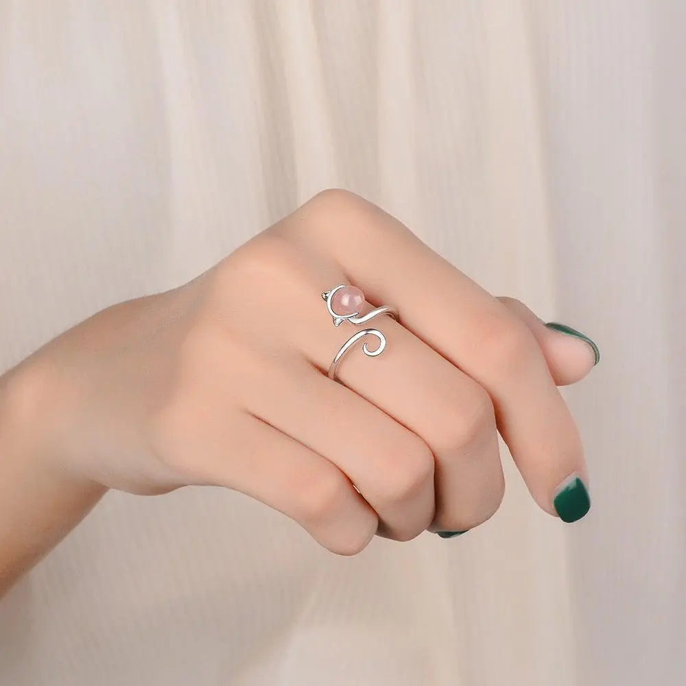 925 Sterling Silver and Pink Agate Kitten Ring