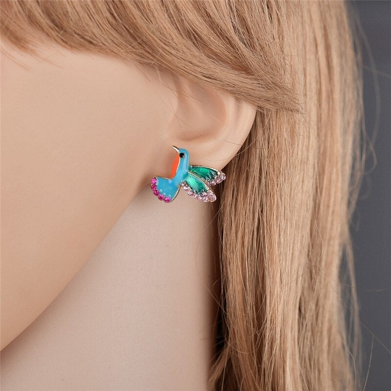 Earrings "Hummingbird" with enamel and green crystal