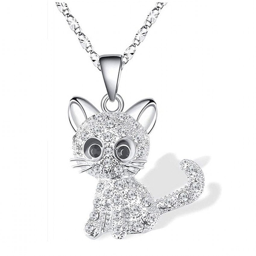 Silver necklace with cat pendant and colored zirconia stones