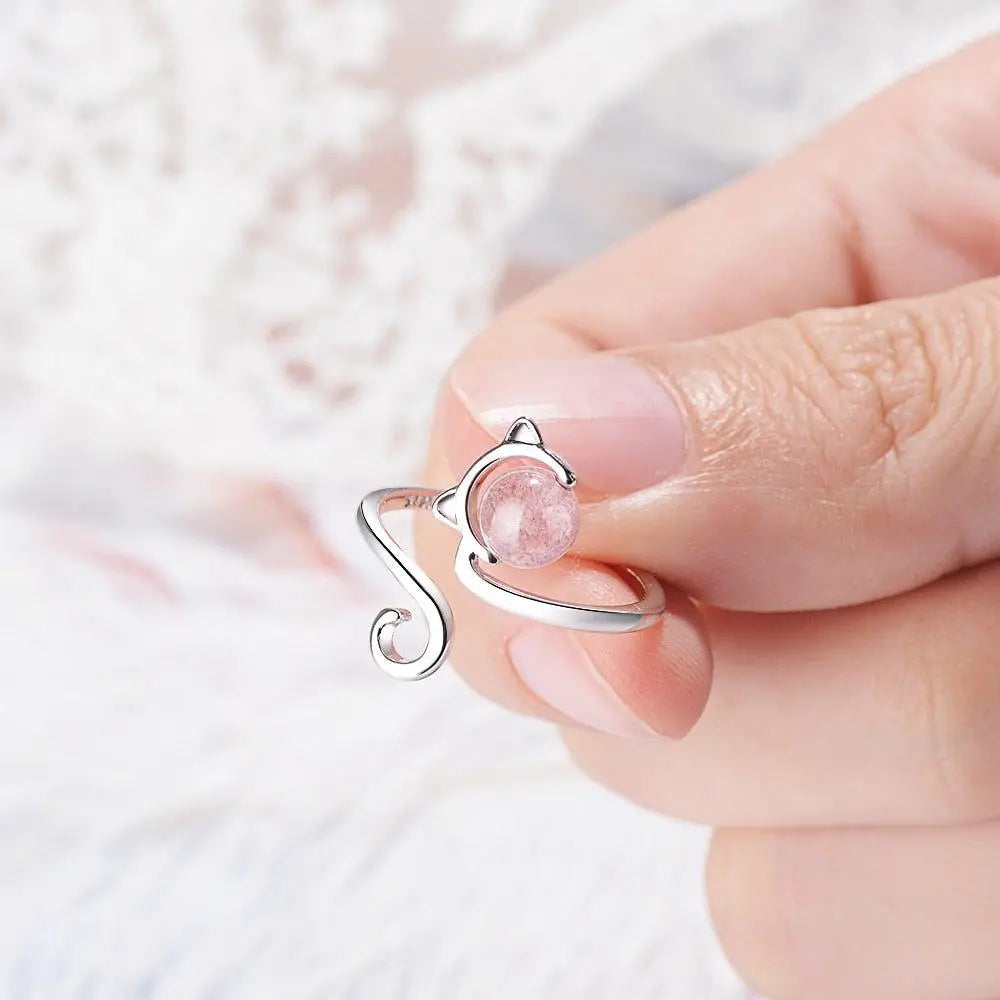 925 Sterling Silver and Pink Agate Kitten Ring