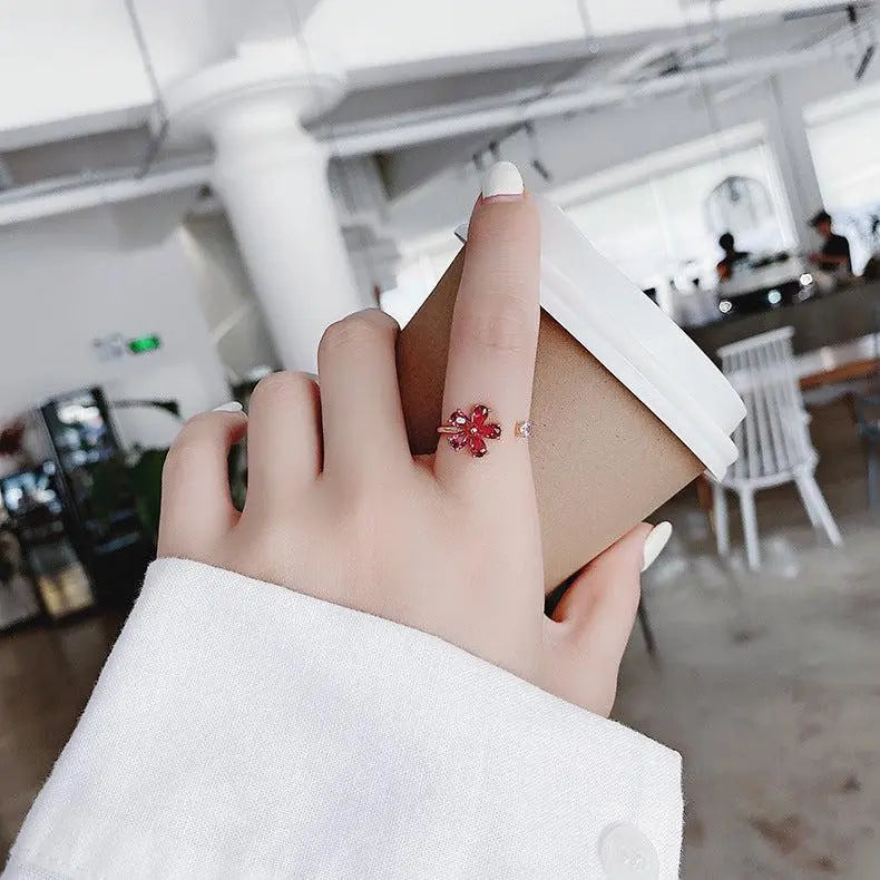 Adjustable Ring Red Crystal Flower in Gold