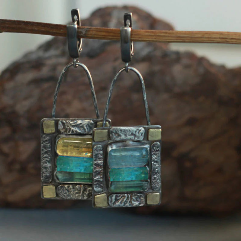 Antique" earrings with blue and green crystals
