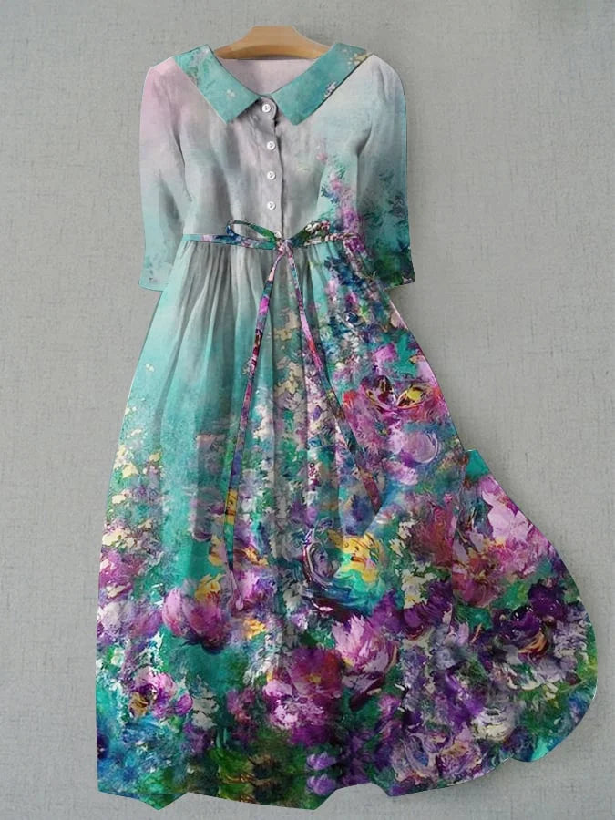 Tessa Kjole - Vintage blomstret, justerbar snøret talje, dame sommerkjole