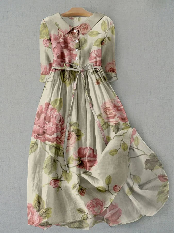 Dame Kjole - Vintage blomstret sommerkjole med justerbar talje