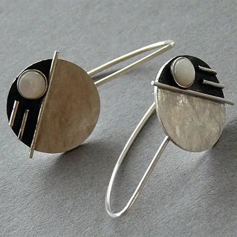 Round Vintage Earrings with White Opal