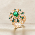Ring with mandala pattern made of white and green crystals