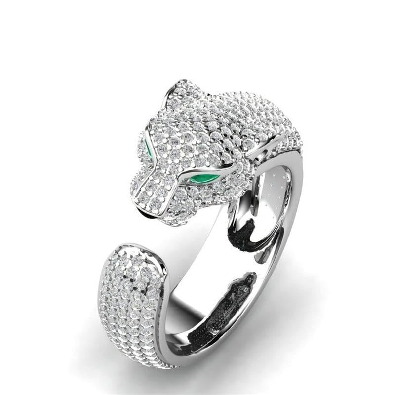 Adjustable Jaguar Ring made of 18K Silver and Rose Gold with Green Zirconia Eyes