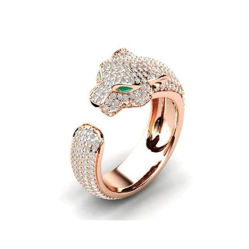 Adjustable Jaguar Ring made of 18K Silver and Rose Gold with Green Zirconia Eyes