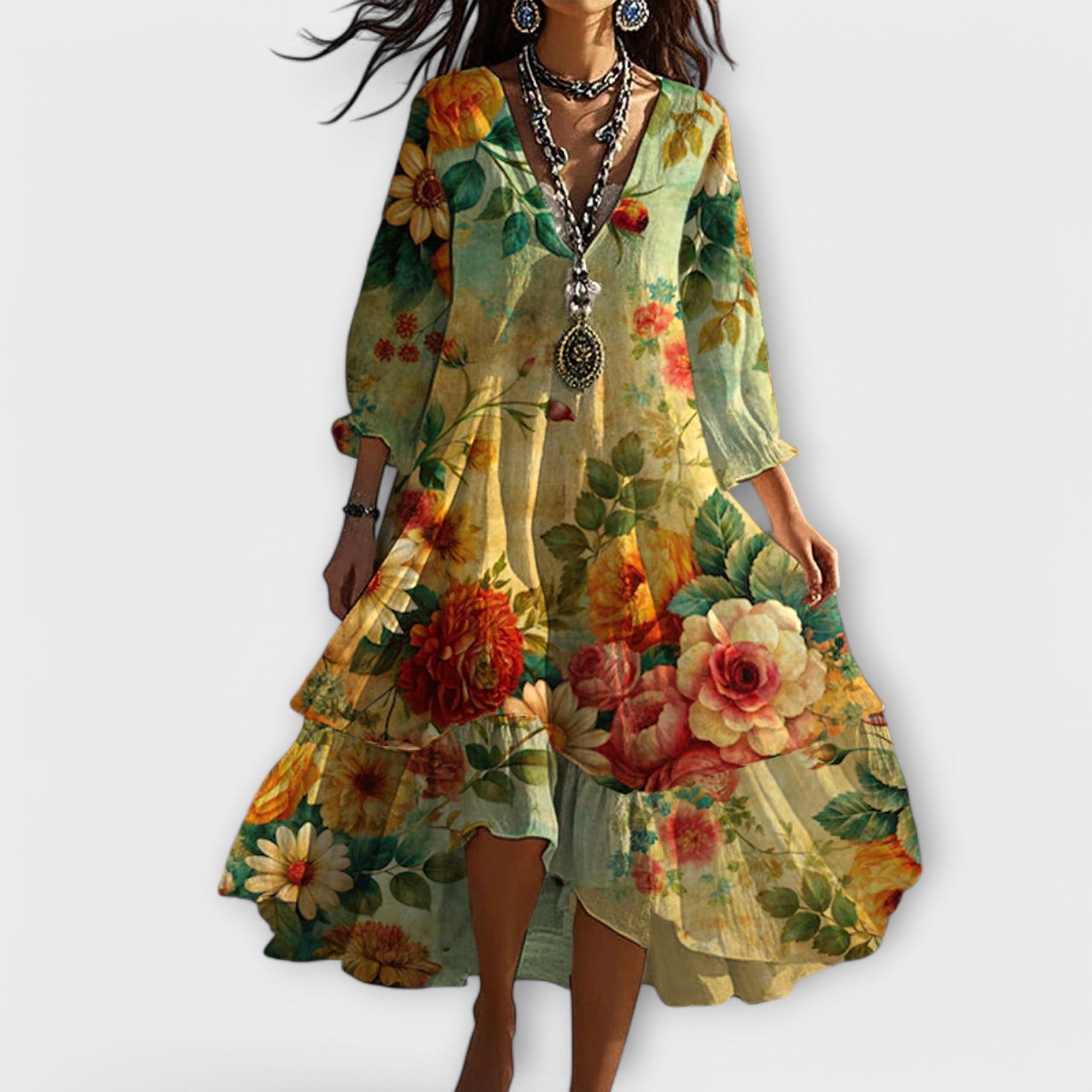 Marina - Vintage boho blomsterkjole med V-udskæring